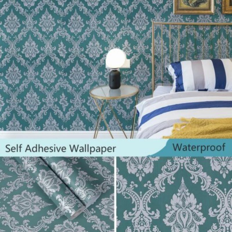 wallpaper dinding motif batik silver warna hijau tosca