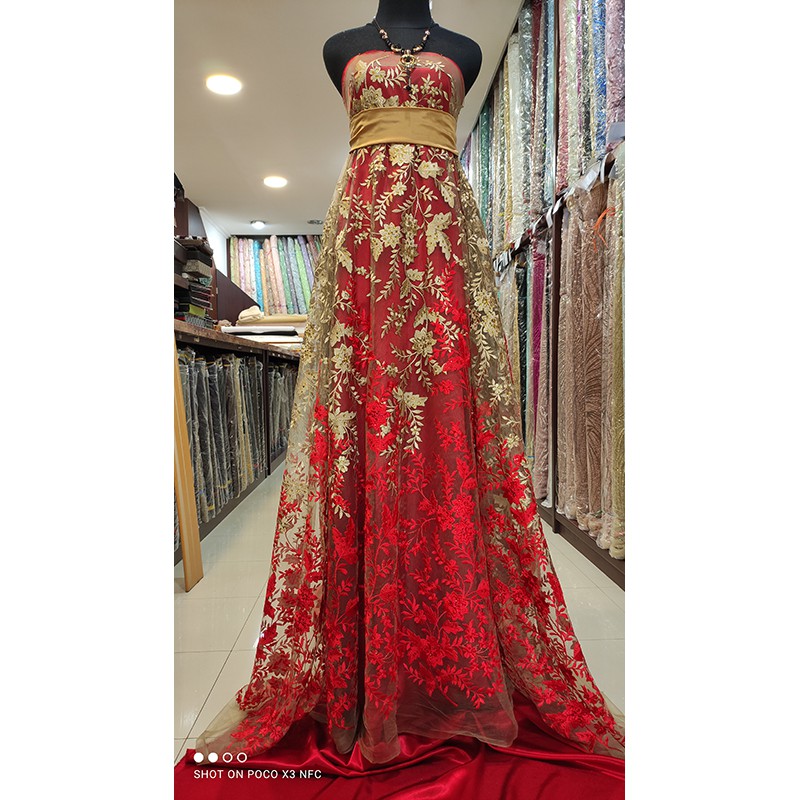 Kain Tile Brokat Lace Two Tone Bridal GOLD MERAH
