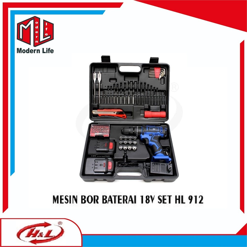 Mesin Bor Baterai Cordless Drill Set 18V HL 912 Bor Set Tanpa Kabel / HL912