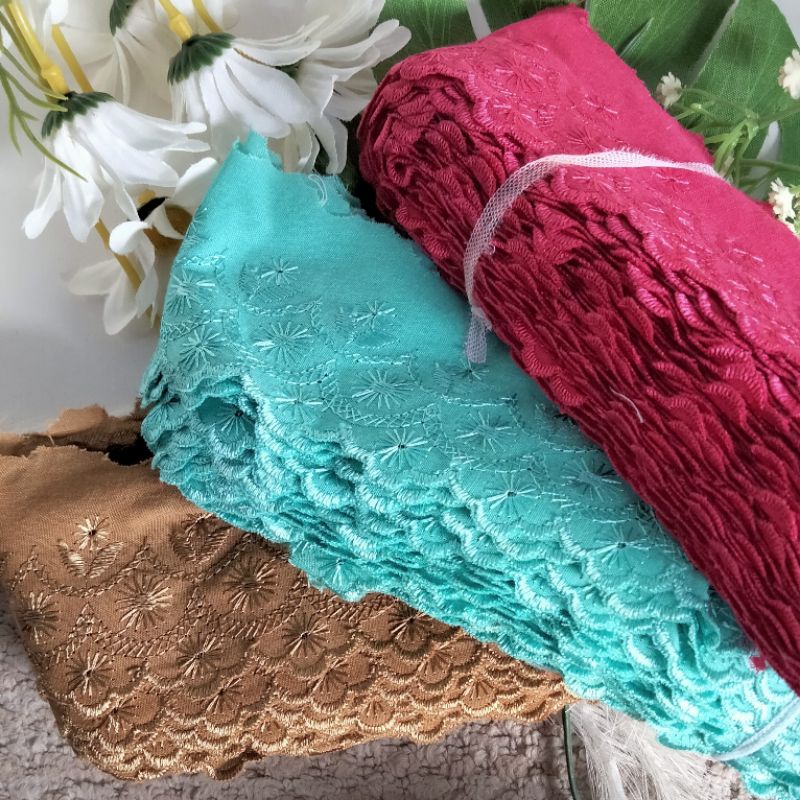 #AAB SALE Renda Katun Lebar Jahit Hiasan Baju Dress Kebaya Tosca Merah Cokelat Emas Kode Bunga Gelom