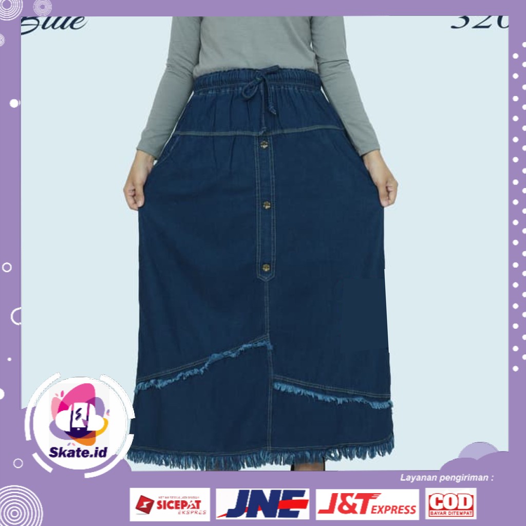 SK rok jeans rawis wanita denim rumbai pinggang karet boyfriend washed - Blue - BD
