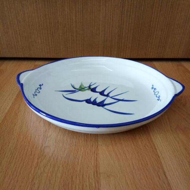 Piring Keramik Saji bulat Biru Putih motif Bambu ukuran 21,5cm