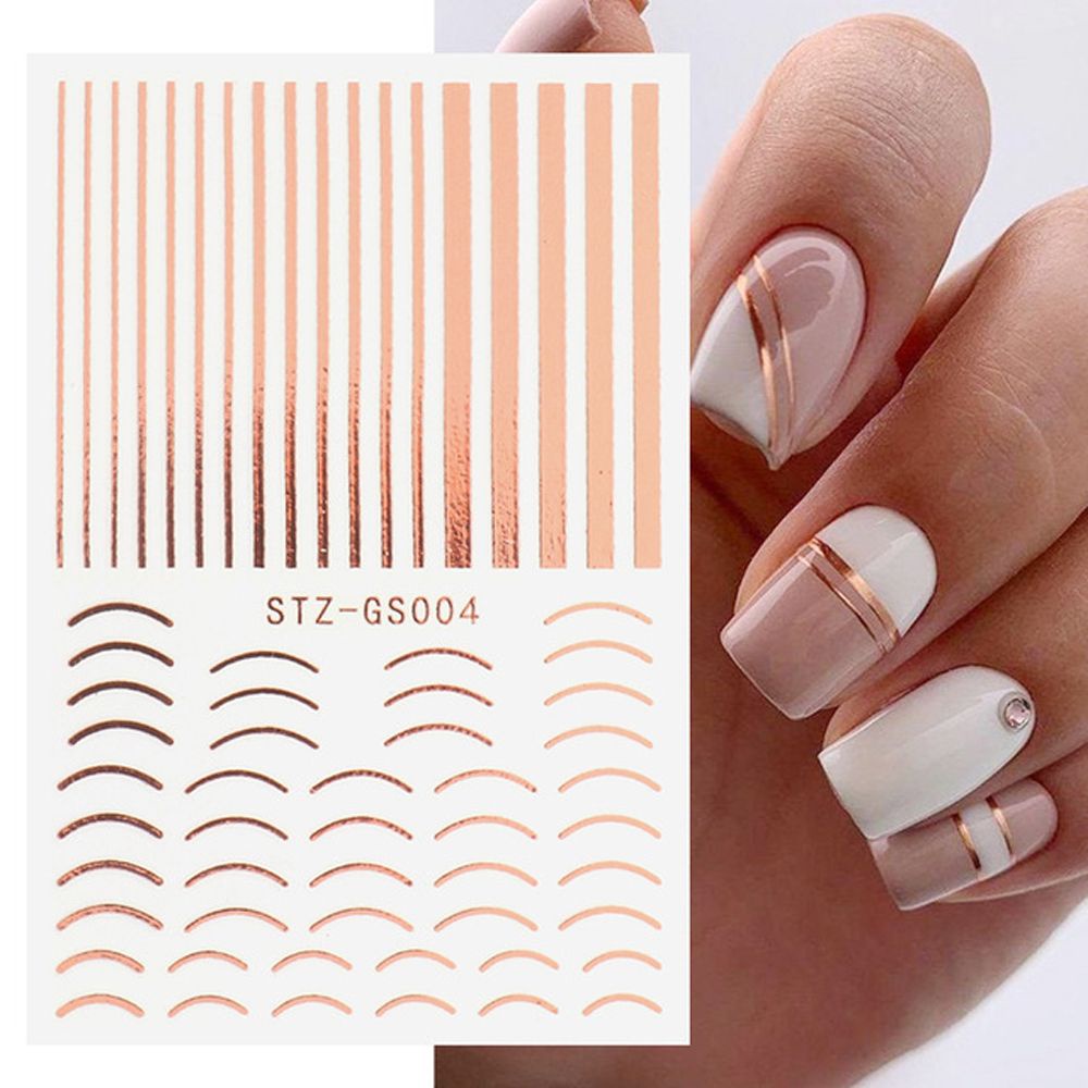 MXBEAUTY Girls Nail Art Decorations Rose Gold Manicure Accessories 3D Lines Nail Sticker Women Metal Stripe Lines Curve Letters Self-Adhesive Nail Art Sliders DIY Nail Decals