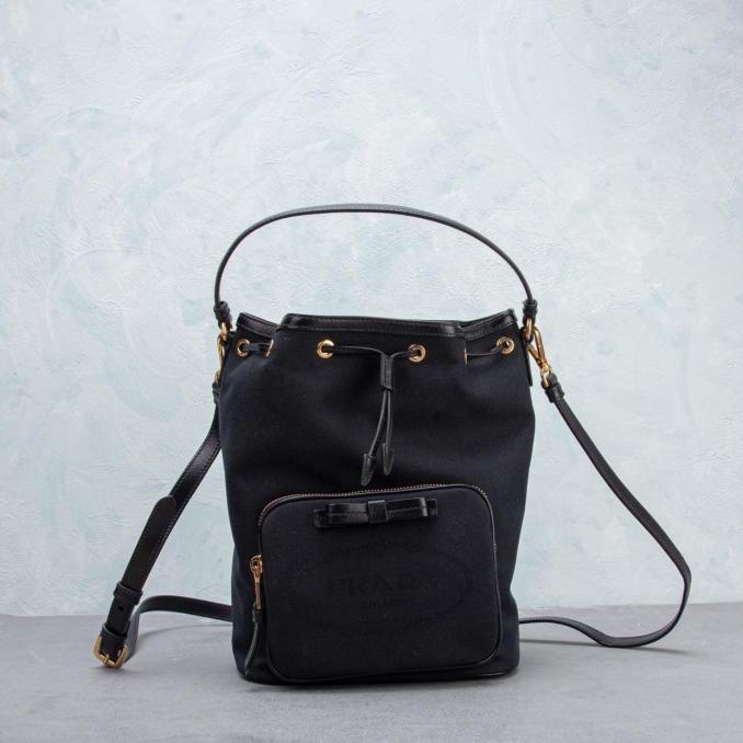 Bag Canvas - Tas Prada Logo Bucket Bag Canvas Black Asli