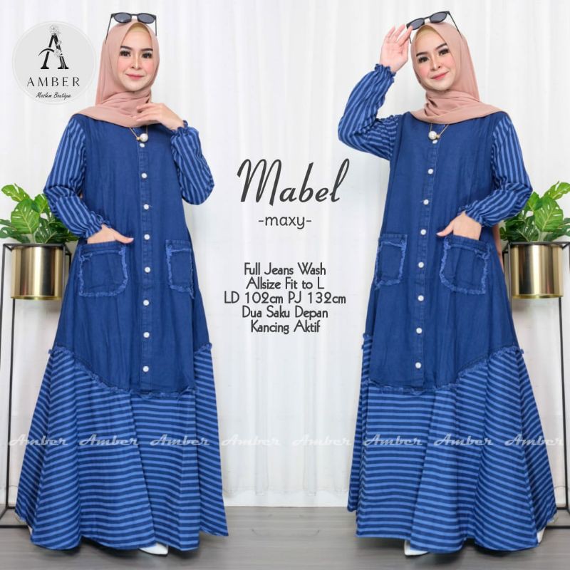 mabel gamis wanita dewasa full jeans wash mix motif garis terbaru