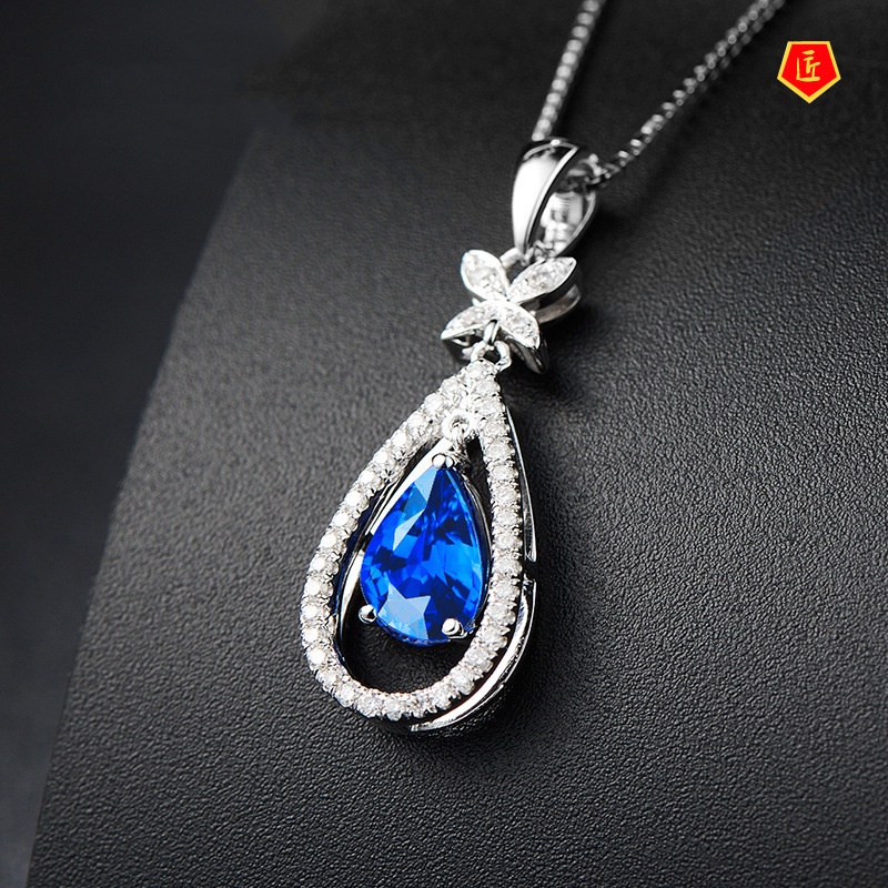 [Ready Stock]Micro Inlaid Zircon Pear-Shaped Sapphire Butterfly Pendant Luxury High-End