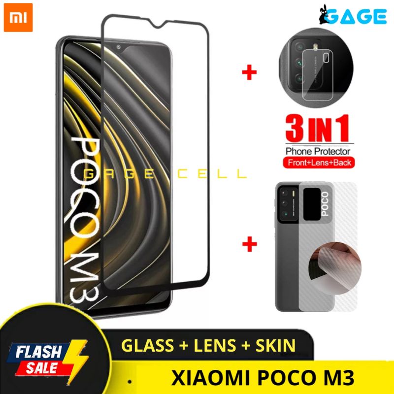 PROMO 3IN1 TEMPERED GLASS LAYAR KAMERA SKIN CARBON XIAOMI POCO M3 TG ANTI GORES DEPAN BELAKANG