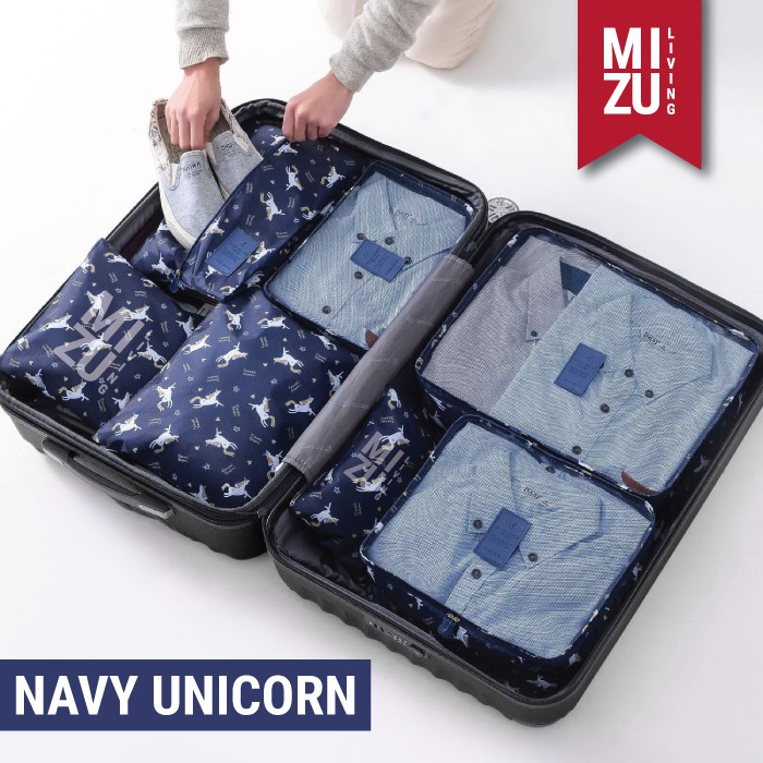 SECRET POUCH Travel Packing Cubes 7in1 Storage Bag Organizer Tas Koper MOTIF-NAVY Unicorn