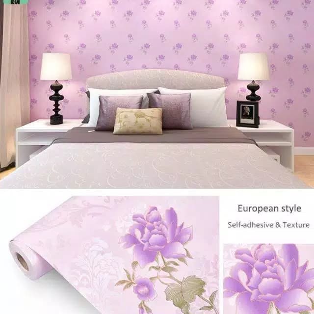 Wallpaper Sticker Dinding Motif Bunga Mawar Kilap Ungu Panjang 10Meter x Lebar 45cm