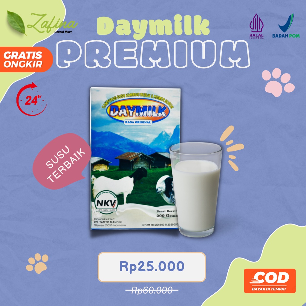 

Susu Kambing Etawa Bubuk DAYMILK 200gram Halal BPOM Menjaga Kesehatan Tulang dan Sendi