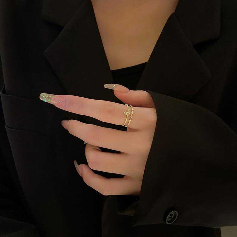 Korea Sederhana Cincin Terbuka Emas Mawar Perak Berlian Hati Cinta Lapisan Ganda Untuk Wanita Perhiasan Fashion Cincin Pertunangan Pernikahan Ukuran Teleskopik