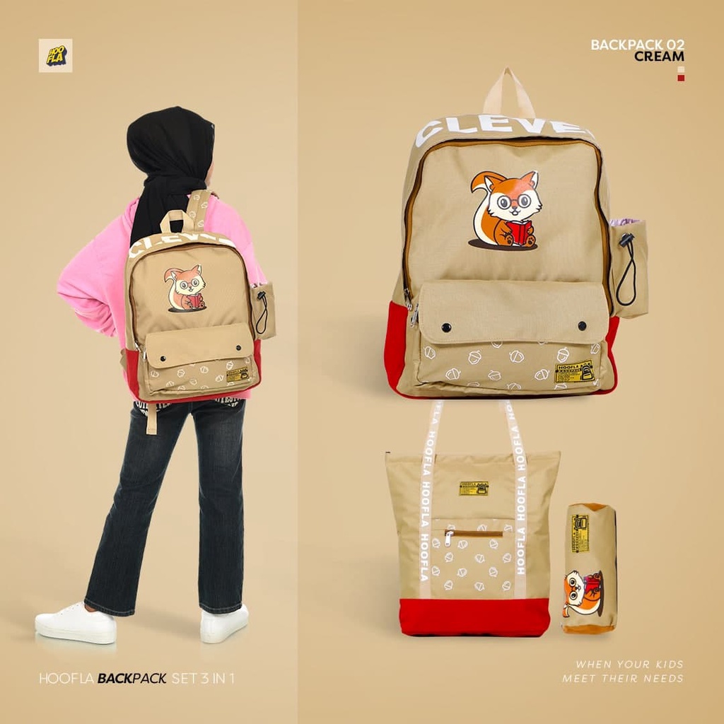 Tas Sekolah Anak Hoofla Backpack Set 3 in 1 Tas Ransel Totebag Pouch Tempat Pensil