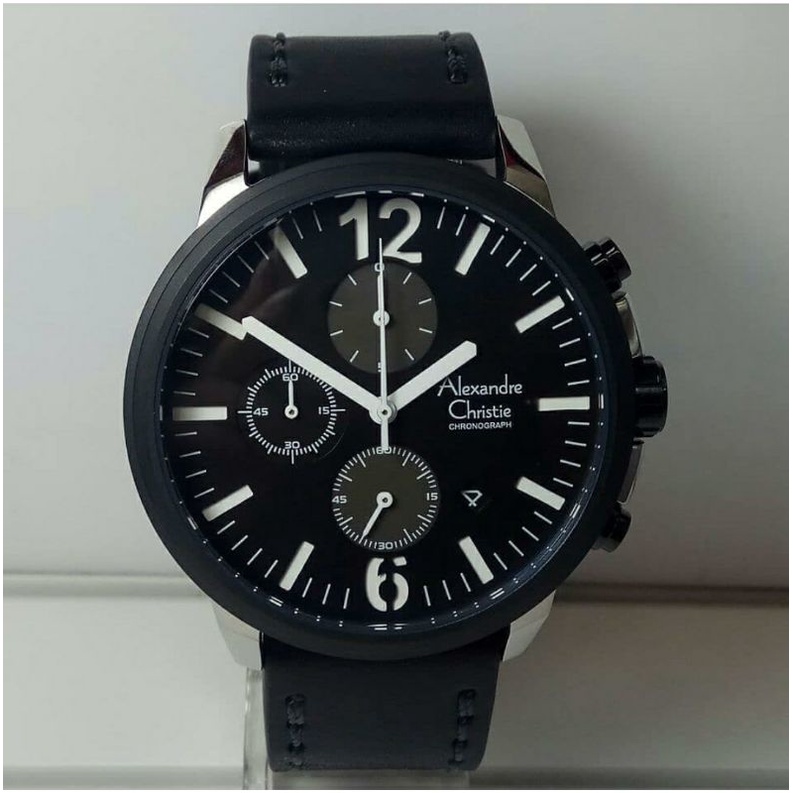 ORIGINAL GARANSI RESMI JAM TANGAN PRIA ALEXANDRE CHRISTIE SILVER BLACK KULIT STRAP ARLOJI WATCH COWO