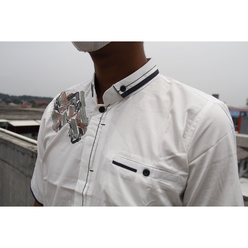 Baju Koko Pria Lengan Pendek Syahdika Putih Motif Bordir 04 | Baju Muslim Pria | Pakaian Solat Pria | Kurta Original