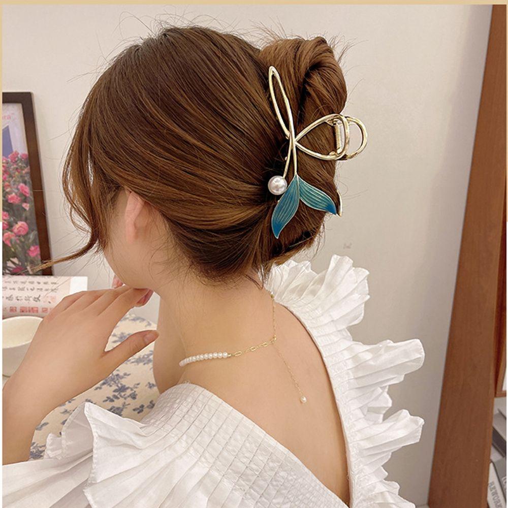 Agustina Biru Fishtail Hair Claw Besar Manis Berongga Hiu Klip Gadis Rambut Klip Geometris Hair Claw Aksesoris Rambut Perempuan
