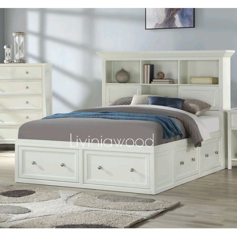 Tempat tidur laci minimalis duco putih 160x200, ranjang divan kayu