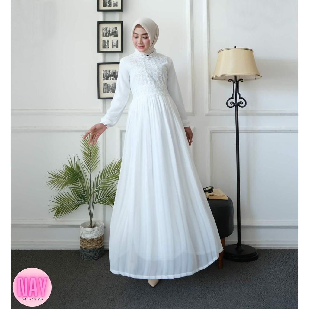 Gamis Putih Jumbo 3L, 4L, 5L Wanita Brukat Mewah/ Baju Lebaran Umroh Haji - ADELLA