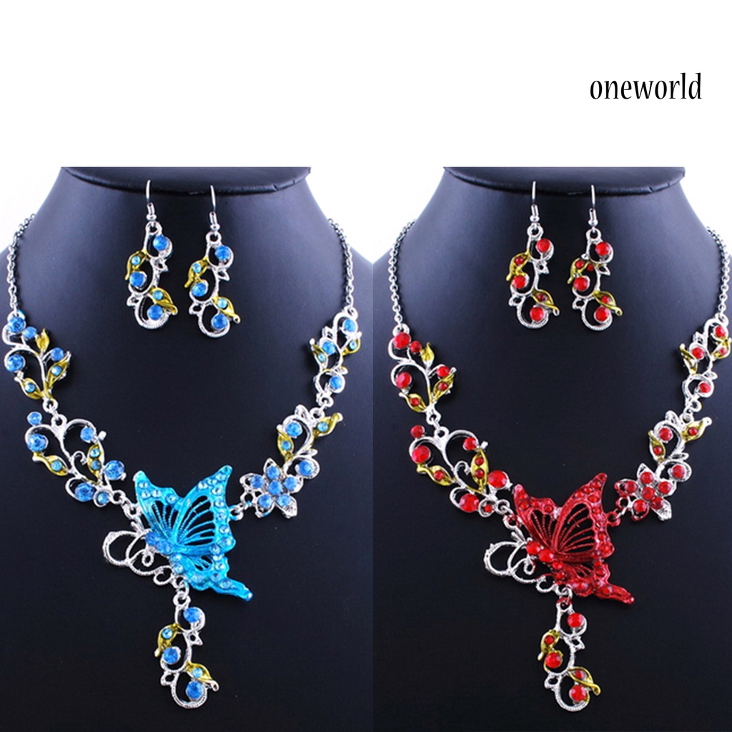 OW@ Lady Bridal Vinatge Butterfly Flower Bib Statement Necklace Earrings Jewelry Set