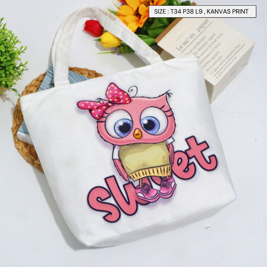 SANSURBAGS [COD] Tote Bag Karakter Abstrak Bunga TOTEBAG SEKOLAH Gambar Lucu Tas Tote Murah Kanvas Ada Resleting