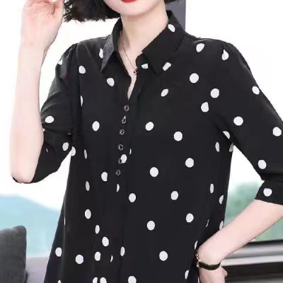 【Ready Stock】L-5XL Kemeja Wanita Sifon Lengan 3/4 Polka Dot Collared Putih Hitam Kasual Longgar Atasan Women Shirt