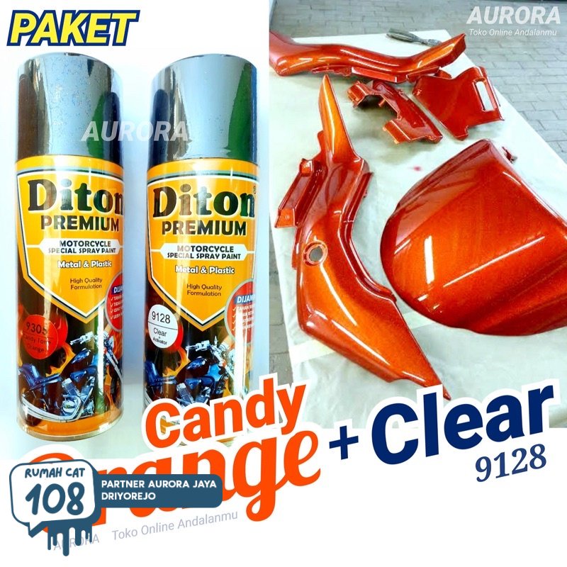 

Rumah Cat - PAKET Diton Premium Candy Tone Orange 9305 + Clear 9128 / Candytone Oranye Kenditon Cat Semprot Pilok Pylox Pilox 400ml Rumah Cat Motor dan Mobil