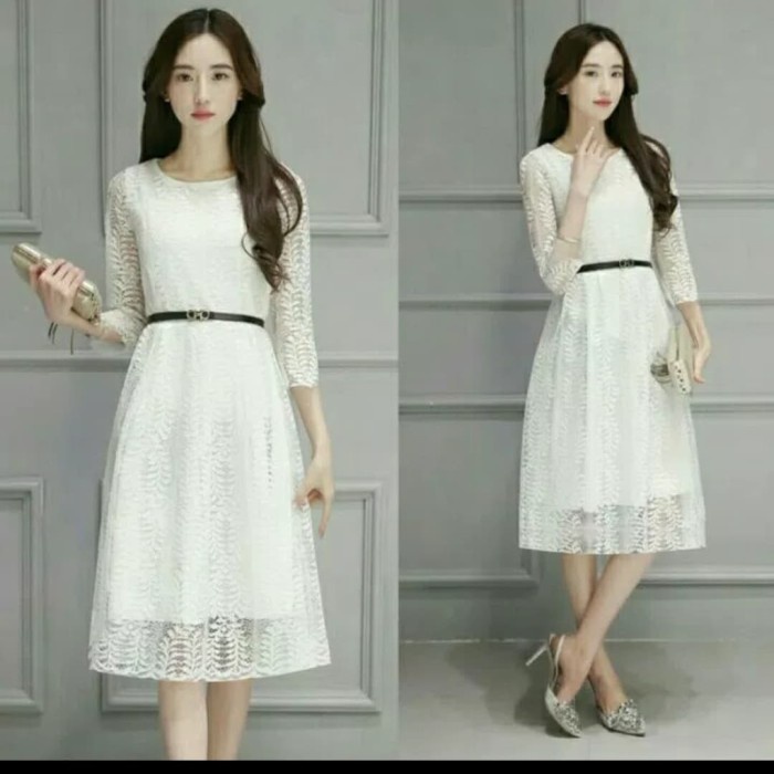 Dress Midi Brukat Lace Semi Longdress Lengan Panjang Putih Bagus(I4F5) midi dress korea Midi dress m