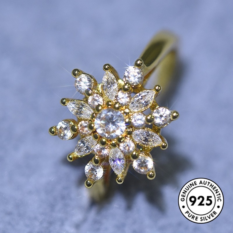 Cincin Desain Snowflake Aksen Berlian Bahan S925 Silver Warna Rose Gold