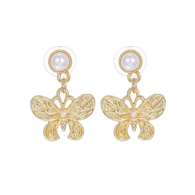 LRC Anting Tusuk Fashion Golden Copper Pearl Butterfly Stud Earrings K42364