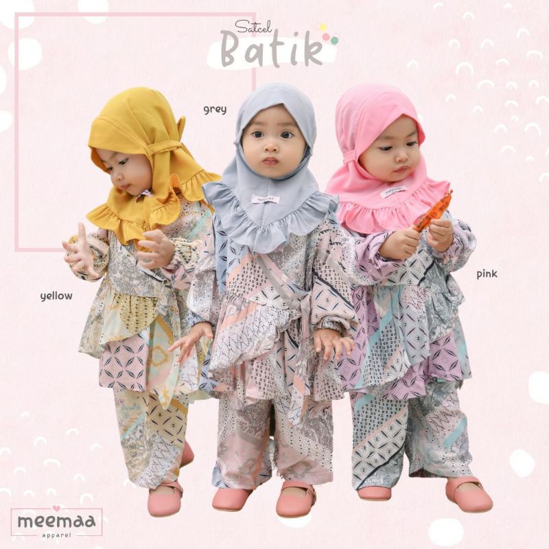 SETELAN TUNIK CELANA ANAK MUSLIM PEREMPUAN MEEMAA APPAREL SATCEL BATIK DAN SATCEL BUNGA