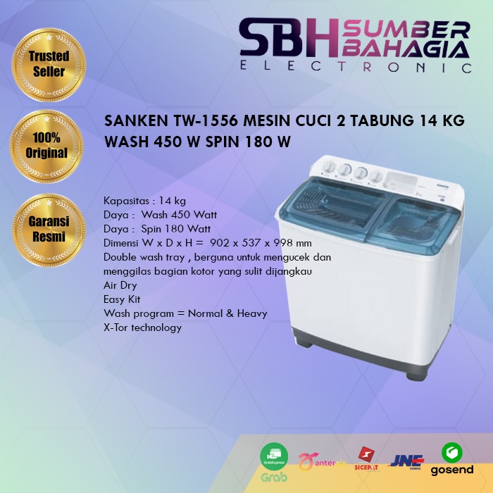 SANKEN TW-1556 MESIN CUCI 2 TABUNG 14 KG WASH 450 W SPIN 180 W (NEW) (KHUSUS BANDUNG)