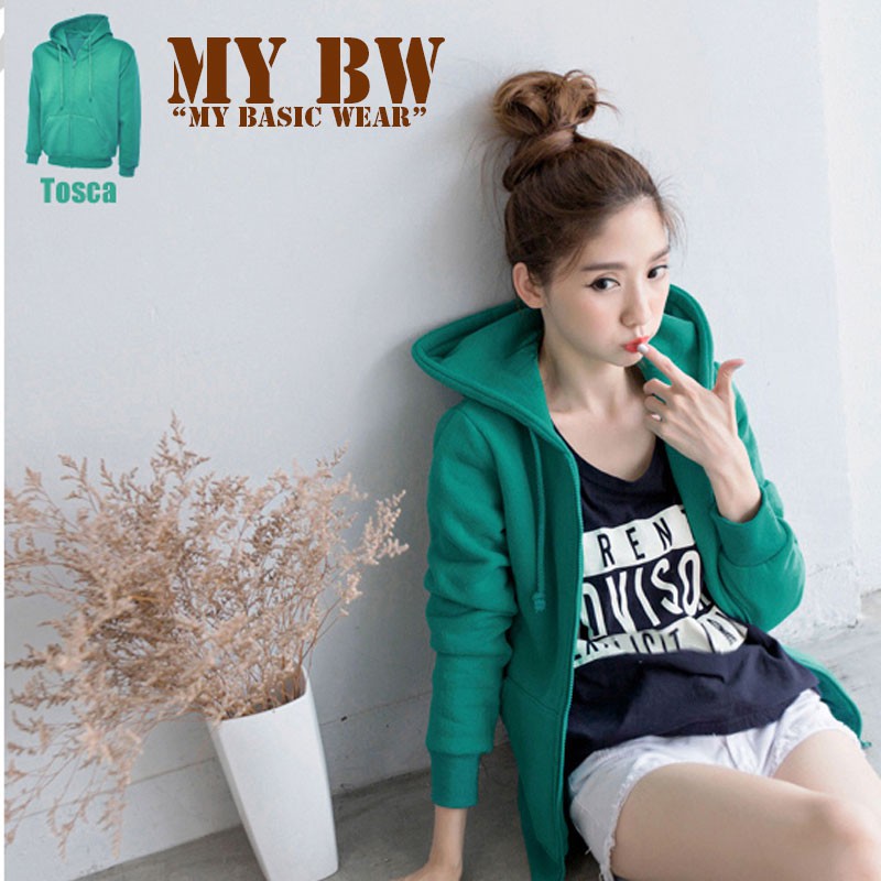 Jaket Sweater Hoodie Polos dengan Resleting Hijau Tosca