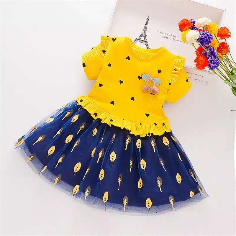 KF Cat Dress tutu anak gaun pesta Dress Tile Anak Imut Motif Love daun bahan Katun Kasa umur 1-2thn Import-Kuning