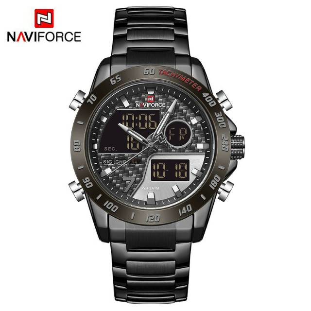Jam Tangan Original Naviforce 9171 Dual Time Rantai Pria Cowok Macho