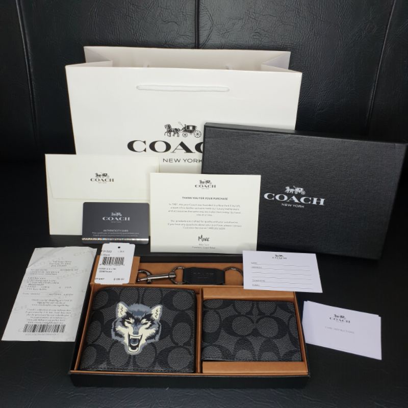 coach wolf men's wallet in signature with card holder & keychain set Termurah