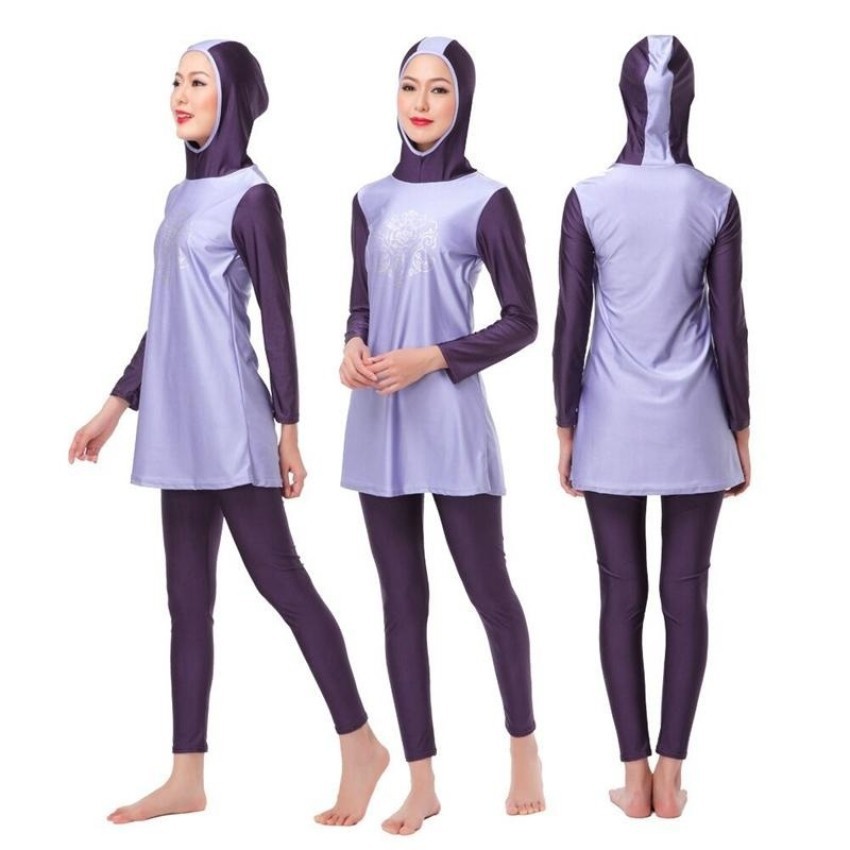 Ocean Wanita Baru Fashion Muslim Swimwear Conservative Hooded Swimming Suit  Violet  Intl