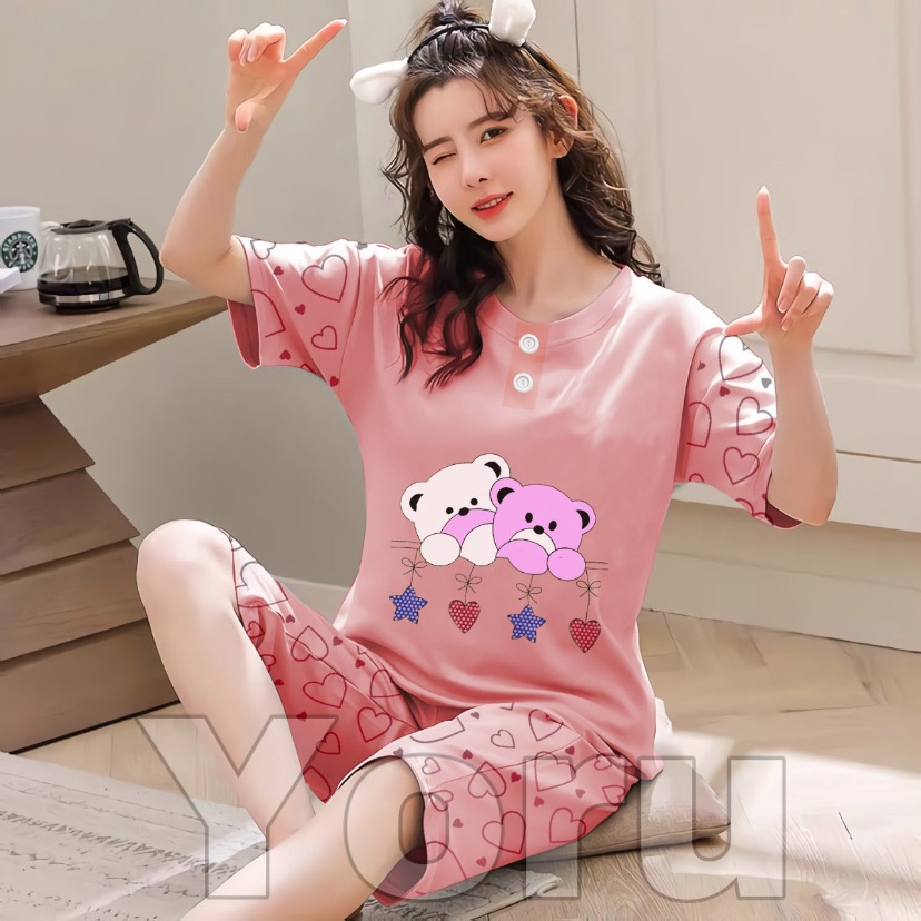 Pamelo Piyama 3/4 Baby Doll Murah Suplier Sleep Wear All Size Baju Tidur Wanita kaos Katun Stelan Stage2 Baju Tidur Murah Produk Terlaris-Luv 2 Bear Salem