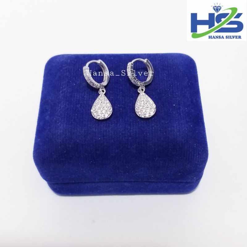 Anting Perak Asli Silver 925 Lapis Emas Putih Jepit Agogo Oval Tetes Air - Anting Wanita Anti Karat