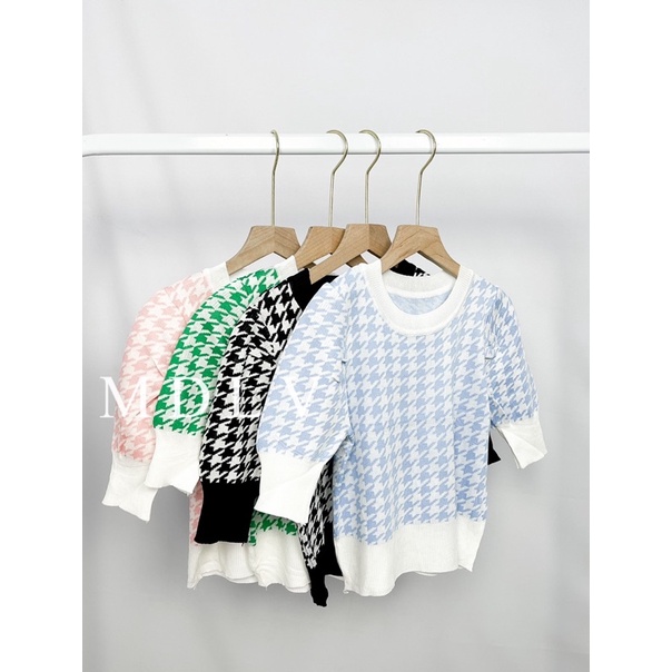 MDLV ~ 6392# Houndstooth Knit Cropped Top Atasan Rajut Motif Houndstooth Fashion Import