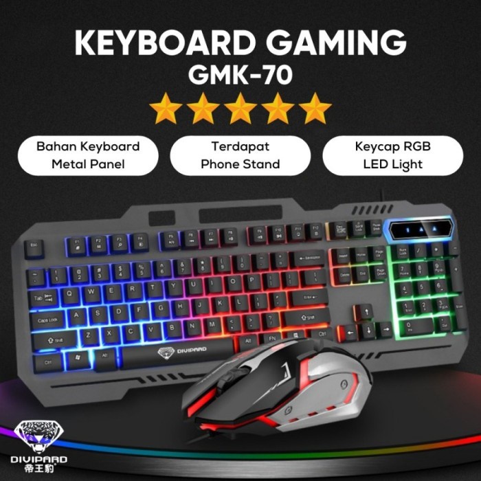 Divipard Keyboard Plus Mouse Gaming GMK-70 Kabel USB 2.0 LED Light