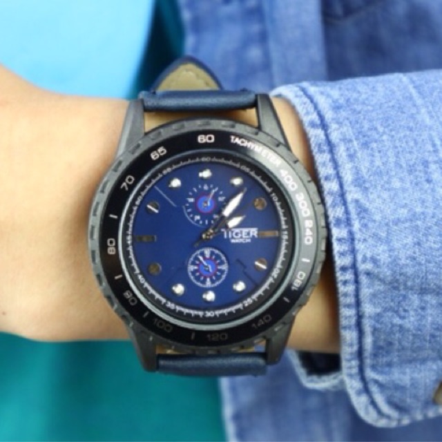 [Free Box Jam] Jam Tangan Pria Tiger Watch Steel Dial Quartz Analog Leather Strap