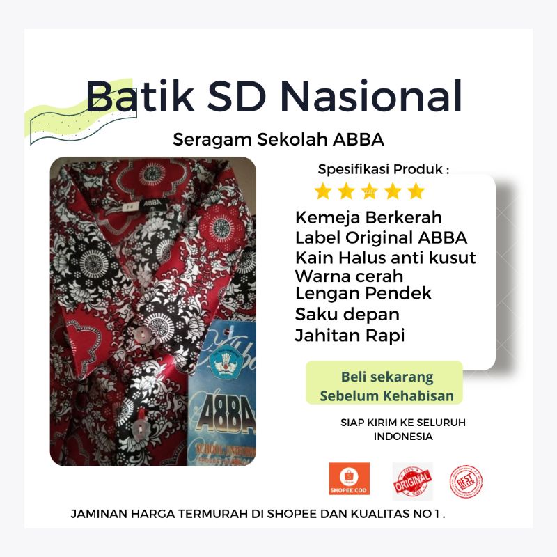 Seragam Batik SD Tunas Harapan Merah pendek Ready Stok