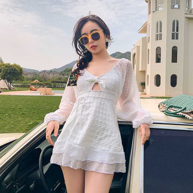 [SALE MINOR REJECT] Baju Renang Wanita Jumbo Big Size One Piece Swimsuit Rok Putih White Lengan Panj
