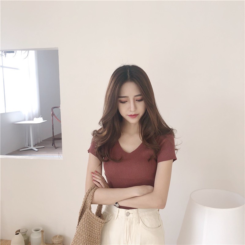 Kaos Wanita Korean Style Pendek Es Sutra Rajut Atasan Lengan Pendek Tipis Knit T-shirt