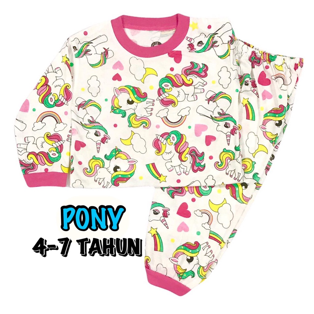 (1 KG MUAT 6 STEL) BAJU TIDUR ANAK KIDS PEREMPUAN/CEWEK SETELAN BAHAN KAOS KATUN 4-7 TAHUN PONY/UNICORN/KUDA PONI