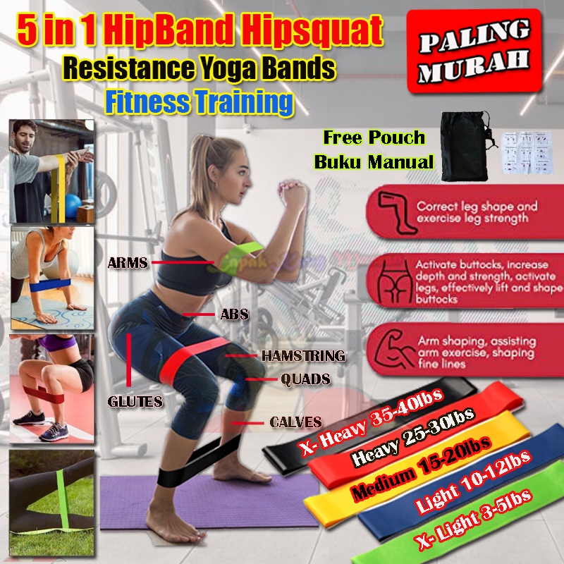 5in1 Hipband Hipsquat Resistance Band Loop Exercise Tali Karet Yoga Fitness