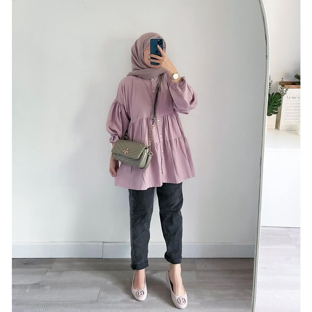 Kyana Blouse Basic Kemeja Katun Linen Oversize Atasan Shirt Wanita Lengan Panjang