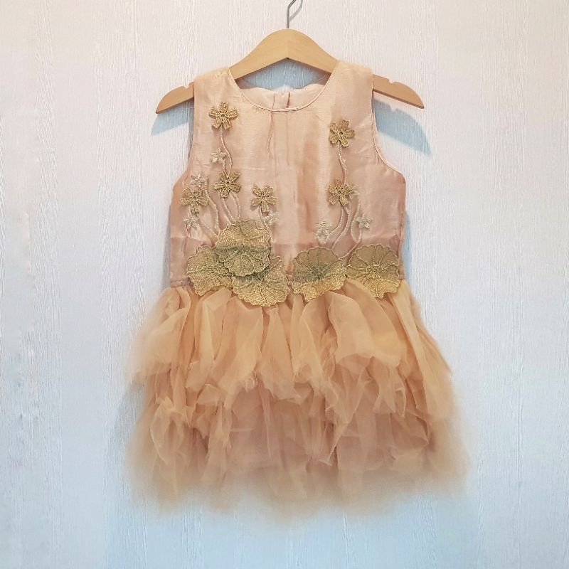 dress pesta anak perempuan / dress pesta balita gold / golden lily dress premium tutu import