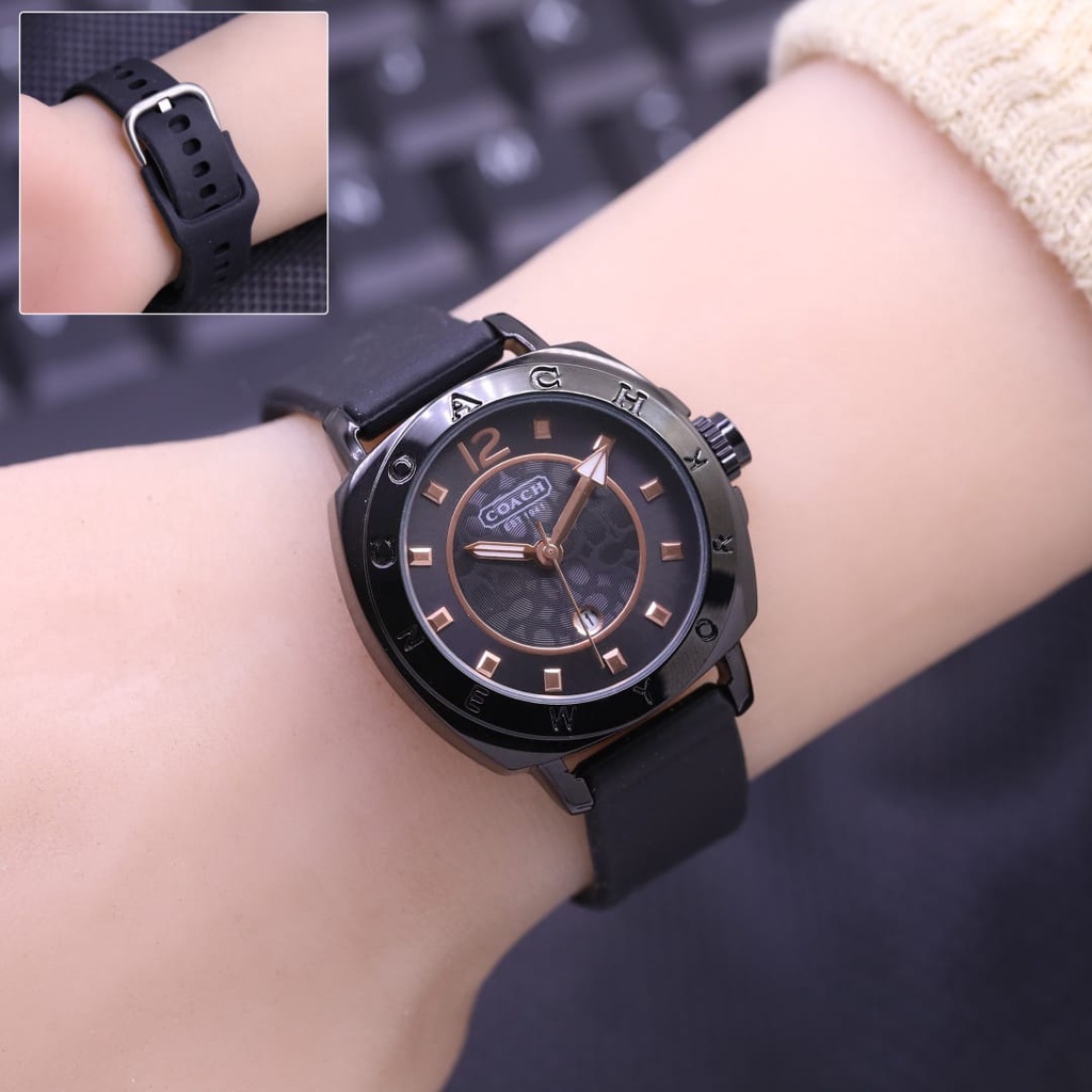 Jam Tangan Wanita Coach Tali Rubber Tanggal Analog 3070TL Free Box Baterai Cadangan