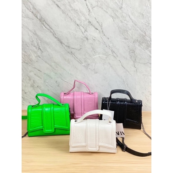 Tas Kulit Selempang Wanita ZR Leather Croco Slingbag Premium Import, Hitam Black Putih White Soft Ba