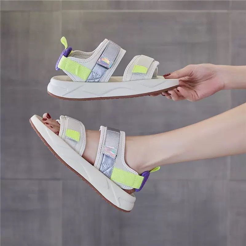 [littlecrab] Sandal Gunung Hitam Putih Neon Sandal Wanita Berkualitas Hak Tinggi Sandal Tali Selop Kasual Kekinian Korean Style